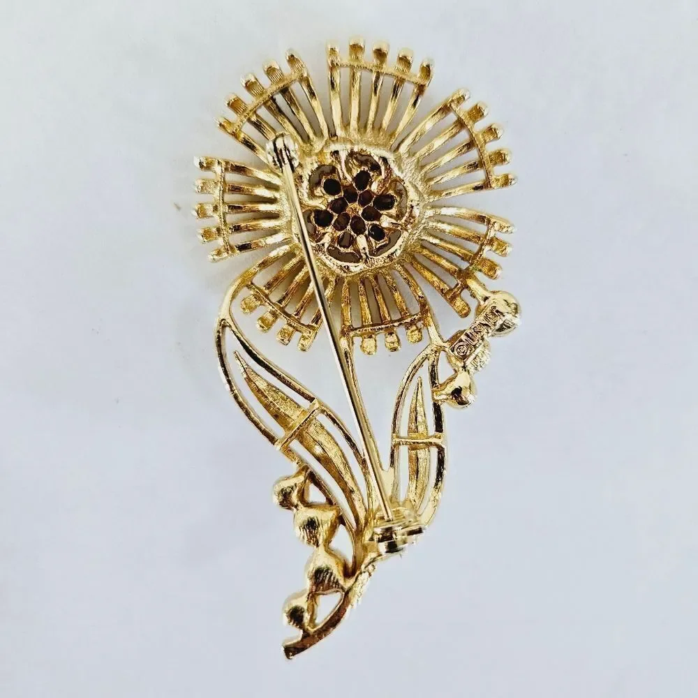 Vintage 1950s Lisner Signed Sunflower Floral Faux Pearl Gold Tone Brooch Pin
